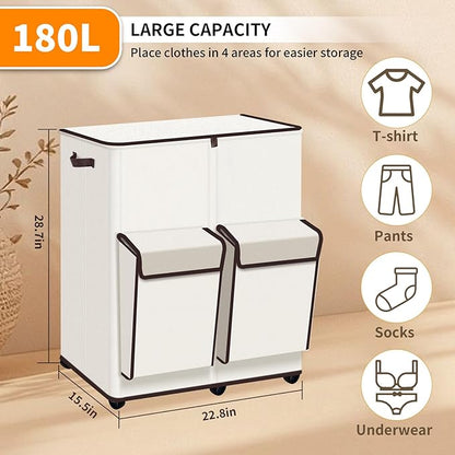 180L Large Dual Laundry Hamper With Lid And Wheels, Big Rolling Laundry Basket 2 Section Dirty Clothes Basket With 2 Side Pockets, Laundry Hanper With 2 Removable Bag For Laundry Room, Bedroom (White)