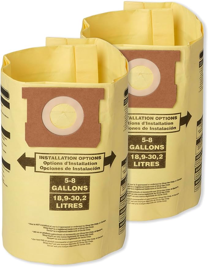 CRAFTSMAN CMXZVBE38775 Fine Dust Wet Dry Vac Dust Collection Bags for Most 5 to 8 Gallon Shop Vacuums, Collects Dry Fine Debris, Reduces Cleanup Time, 2-Pack