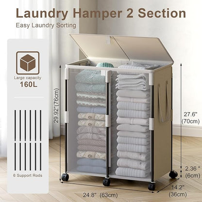 160L Double Laundry Hamper with Lid and 6 Wheels, Rolling Laundry Basket with 2 Removable Bags, Heavy Duty Metal Frame Clothes Cart, 2-Section Laundry Sorter for Bedroom, Bathroom (White)