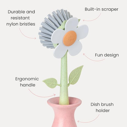 Vigar Florganic Dish Brush with Holder - Dish Scrubber with Handle for Dishes, Kitchen Sink Cleaning Brush, Pot Scrubber, Kitchen Scrub Brush, Dishwashing Brush Tool for Sink Cleaning - Pink