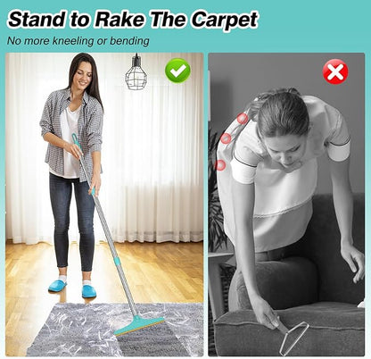 Carpet Rake for Pet Hair Removal - Reusable Pet Hair Remover, 45” Adjustable Long Handle Cat Dog Carpet Rake Scraper with Patented Design, Dog Hair Rake Brush for Rugs, Mats