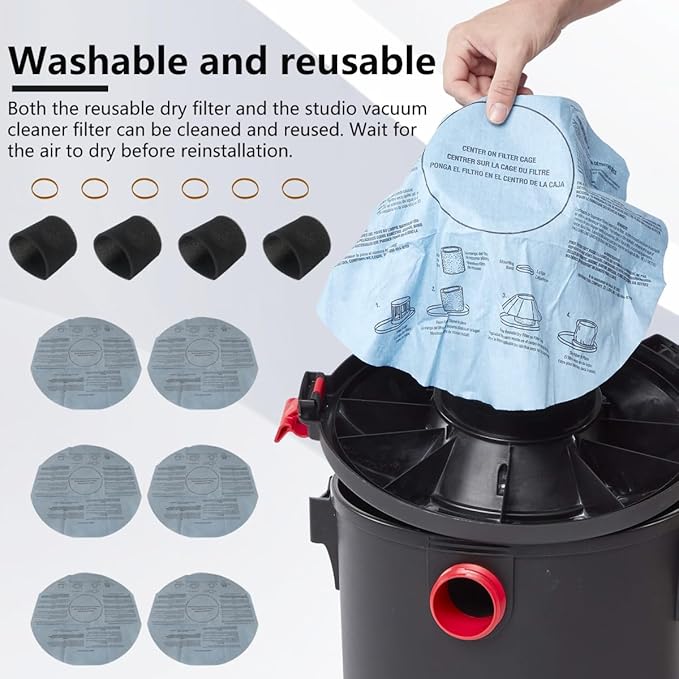 6x Filters 90107/90137 and 4x Foam Sleeve 90585 & 6x Retaining Bands Fit for shop vac mini 1 gallon: 2011600(2E200); 1x1 vac: 2010100; Fit for Shop vac hang up (2015 Model)（16 Pieces)(2025 New)