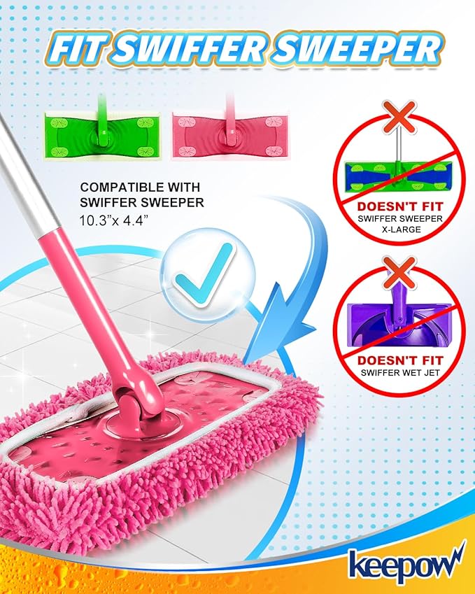KEEPOW Pink Reusable Dry Sweeping Cloths Microfiber Wet Mop Pads Compatible with Swiffer Sweeper Mop Replacement Sweeping Mopping pad Refills for Hardwood Surface Floor Cleaning (4PCS)