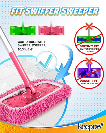 Keepow 8 Pack Reusable Mop Pads Compatible with Swiffer Sweeper, Chenille Mop Refill Pads, Dry & Wet Mopping Cloths for Floor Cleaning -Pink