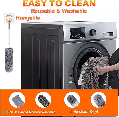 Professional Microfibre Dusters for Cleaning | Duster with Extension 100" | Cobweb Remover Duster Kit with 4 Washable Heads | Bendable Feather Duster for High Ceilings,Fans & Hard to Reach Area | 9PCS
