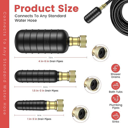 3-Pack Drain Cleaning Bladder Kit, Water-Powered Clog Remover for 1″–6″ Straight Pipes, 10FT Hose with Shut-Off Valve & Brass Faucet Adapter, Ideal for Floor Drains, Cleanouts & Main Lines
