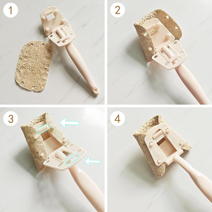 Natural Loofah Sponge with Handle, 5-Piece Replaceable Eco Sponges for Cleaning, Non-Scratch Scrubber for Dishwashing Cookware Pans, Kitchen Eco-Friendly Tools (10)