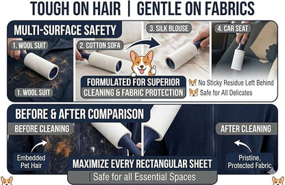 Extra Sticky Lint Roller for Pet Hair (600 Sheets) — 6-Pack, Straight-Cut Sheets, Ergonomic Navy Handles — Cat & Dog Hair Remover for Clothes, Furniture & Car