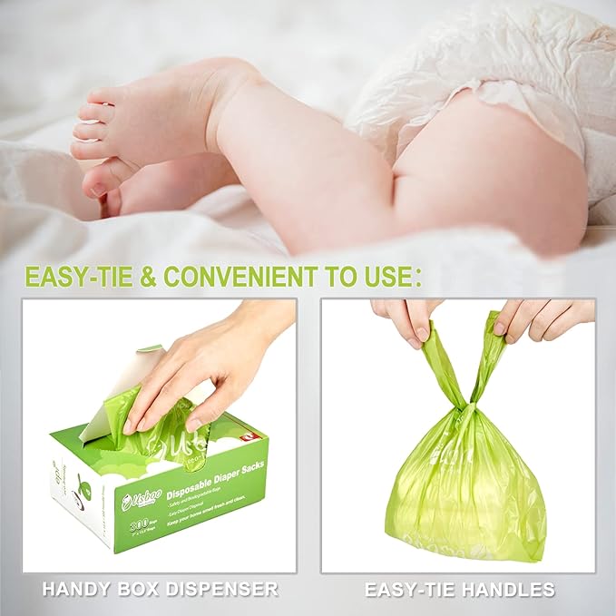 USBOO Baby Disposable Diaper Bags,300 Count Oxo-Biodegradable Diaper Sacks,Easy-Tie Handles,Diaper Disposal or Pet Waste Bags, Unscented