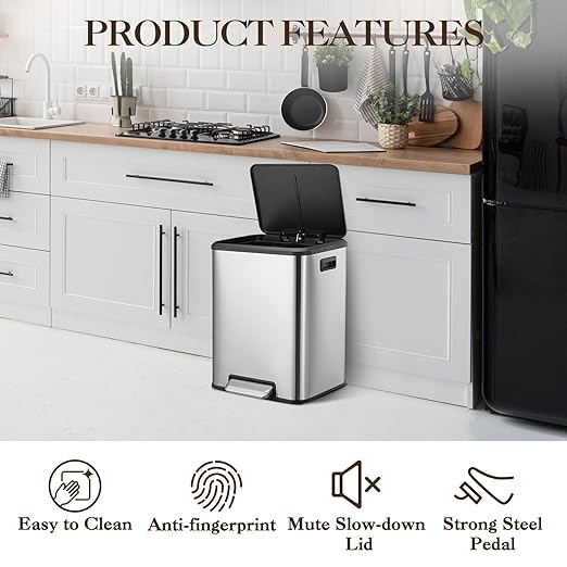 Takywep 8 Gallon / 30 L Dual Compartment Trash Can with Soft Close Lid, Stainless Steel Step-On Garbage Bin with Two Removable Inner Buckets for Kitchen, Office, Bedroom, Modern Rectangular Design