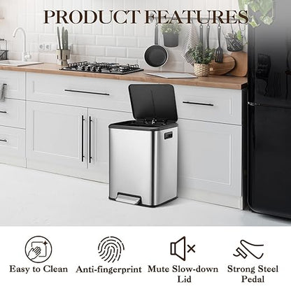 2 x 4 Gallon, Double Trash Can Kitchen for Recycling and Trash, 2 in 1 Garbage Bin, Touchless Motion, Recycle Bin Combo, Stainless Steel Dual Recycling Bins for Kitchens & Office