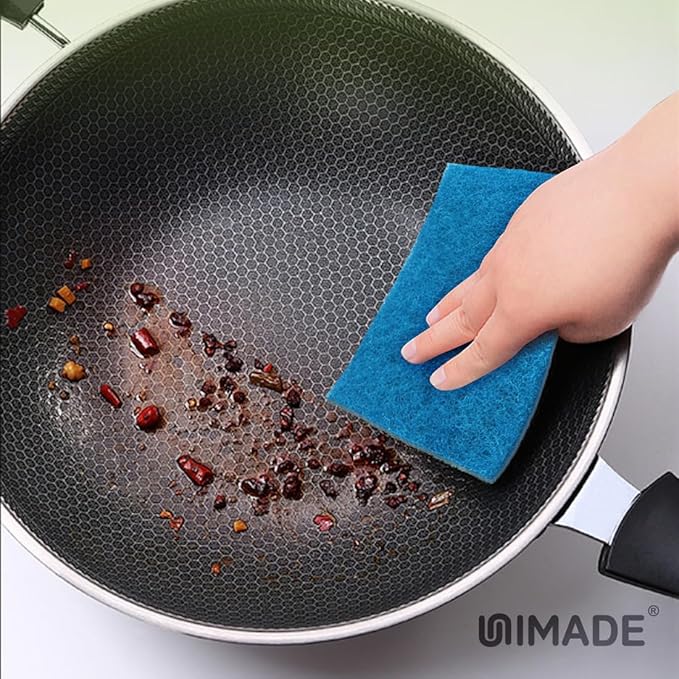 UNIMADE Non-Scratch Scouring Pads, 96Pcs Household Scour Pads for Kitchen, Garage and Outdoors, Reusable Dish Scrubber Pads for Pan and Metal Grill - Blue