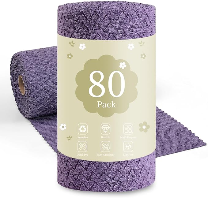 80 Pack Microfiber Cleaning Cloth Roll Reusable Paper Towels 12"x12" Tear Away Cloth,Absorbent Dish Rags for House Kitchen,Wash Cloths,Lint Free Rags for Window Cars Cleaning Supplies