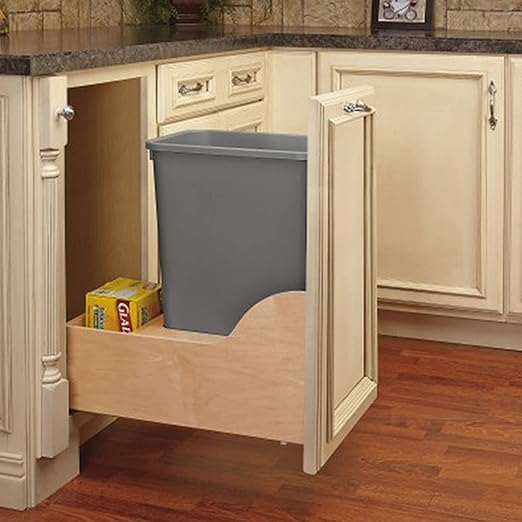 Rev-A-Shelf 50 Qt Bottom Mount Single Pullout Under Cabinet Trash Cans w/Soft-Close for Base Cabinets, Min Opening Width of 12", Metallic Silver, 4WCSC-1550DM-1