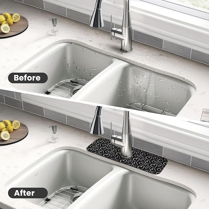 Love Heart Hearts Black And White Kitchen Sink Splash Guard Faucet Mat Super Absorbent Fast Drying Mat Sink Gadgets-Fast Drying Pad Sink Mat For Kitchen Bathroom (15" X 5.5" )