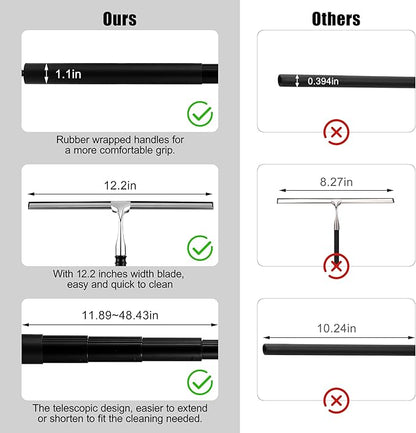 Toncoke 2 in 1 Window Squeegee, Shower Squeegee Window Cleaning Kit with Extension Pole Long Handle Squeegee for Shower Glass Floor Bathroom Home Outdoor, 12 inch Wide, Black