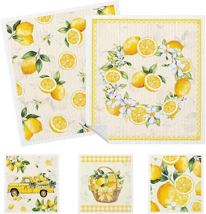 5 Pack Mixed Watercolor Lemon Swedish Kitchen Dishcloths Dish Towels, Farmhouse Lemon Dish Towels for Kitchen, Swedish Dishcloth, Paper Towels Reusable, Dish Cloth Towel Cleaning Wipe for Home