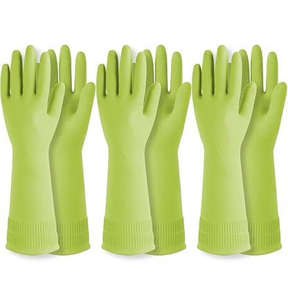 DABOGOSA Reusable Waterproof Household Dishwashing Cleaning Rubber Gloves, Non-Slip Kitchen Glove (Green, Medium (Pack of 3))