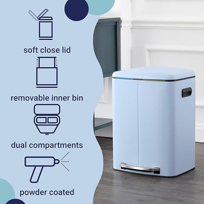happimess HPM1005H Marco Rectangular 10.6-Gallon Double Bucket Trash Can with Soft-Close Lid, Tide Pool Blue, Fingerprint Resistant, Modern, Minimalistic for Home, Kitchen, Office, Bedroom, Bathroom