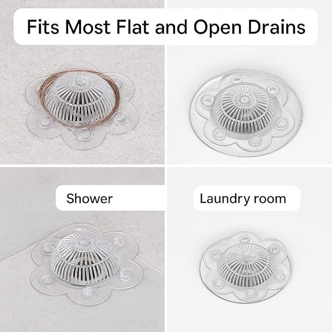 2-Pack Hair Catcher Drain Cover – 5" Dome-Shaped Soft PVC with 6 Suction Cups – Clear Hair Stopper for Shower & Bathtub Drains – Prevents Clogs Without Blocking Water Flow