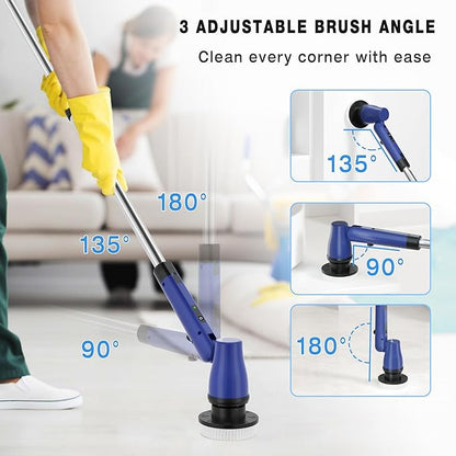 KEROMEE Electric Spin Scrubber Cordless Bathroom Scrubber with Adjustable Long Handle, 2 Speeds Power Cleaning Brush with 7 Replaceable Brush Heads for Bathtub, Tile, Floor (Blue)