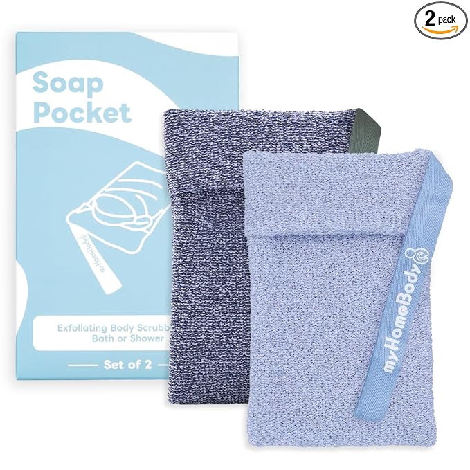 myHomeBody Soap Pocket Exfoliating Pouch, Body Scrubber Sponge, Exfoliator for Bath, Shower or Leftover Bits Saver, Dark Blue, Light Blue - 2 Pack
