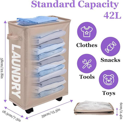 Slim Rolling Laundry Hamper with Wheels, 42L Collapsible Narrow Laundry Basket with Drawstring Mesh Cover, Foldable Dirty Clothes Organizer for Bathroom, Dorm, Small Spaces, Khaki