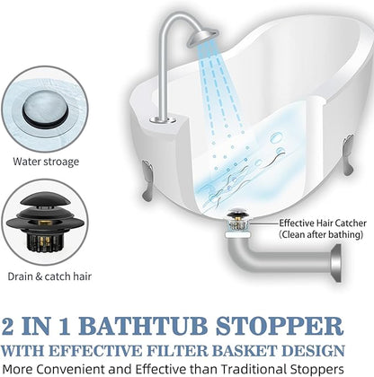 2 in 1 Tub Stopper Bathtub Drain Hair Catcher with Dual Filtration Design, Anti-Clogging Bathtub Drain Plug Bath Tub Stoppers for 1.45-1.8" Drain Shoe, Black