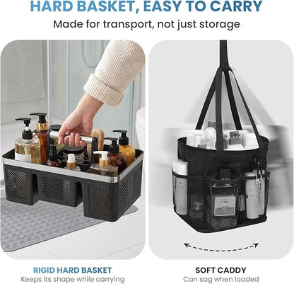 BYUNER 2Pack Plastic Shower Caddy: Portable Hard Bathroom Basket Tote with Handle, 4 Divided Compartments, All-Side Drainage, Non-Mesh Shower & Cleaning Caddy Organizer for College Dorm, Black/Silver