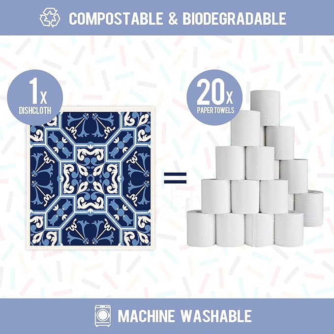 Swedish Dish Clothes Pack of 6, Reusable, Absorbent Hand Towels for Kitchen, Bathroom and Cleaning Counters - Blue Cellulose Sponge Cloth