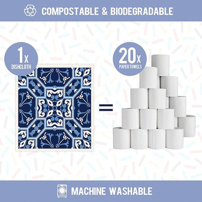 Swedish Dish Clothes Pack of 6, Reusable, Absorbent Hand Towels for Kitchen, Bathroom and Cleaning Counters - Blue Cellulose Sponge Cloth