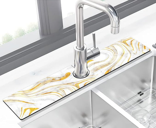 Kitchen Sink Splash Guard Faucet Mat Super Absorbent Fast Drying Mat Sink Gadgets Splash Guard Behind Faucet Drip Catcher for Kitchen (Marbling, 23.5x5.5in)