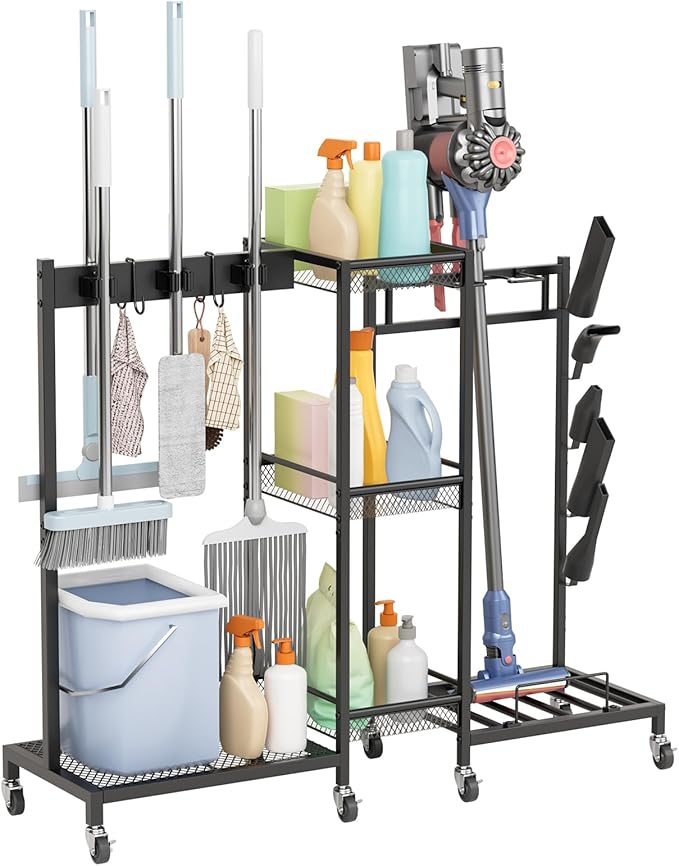 YOXIER Heavy Duty Rolling Tool Cart & Broom Organizer - 3-Tier Steel Cleaning Caddy Cart for Garage Organization Next to Garage Cabinets. Freestanding Rack Beats Any Broom Hanger Wall Mount Black