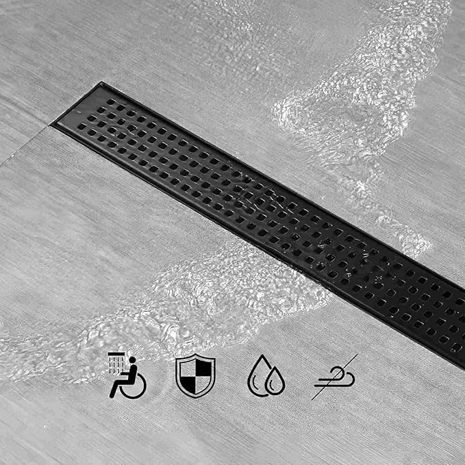 SaniteModar Linear Shower Drain, Matte Black Shower Drain 32 inch with Removable Grate,Brushed 304 Stainless Steel Shower Drain Include Hair Strainer,Adjustable Leveling Feet