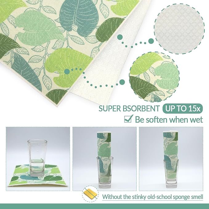 6 - Pack Swedish Kitchen Dish Cloths - Reusable Paper Towels for Counters & Dishes - Eco Friendly Cellulose Sponge Cloth (Botany)