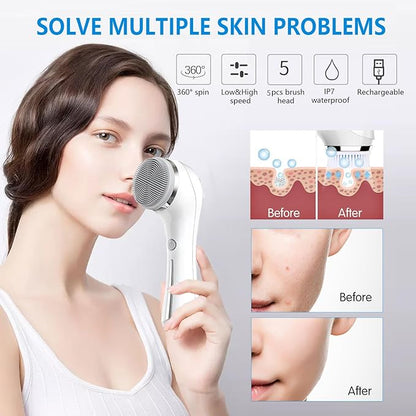 Facial Cleansing Brush, 2 in 1 Ｗaterproof IPx7 Facial Spin Scrubber Set with 4 Brush Heads, Rechargeable Exfoliating Face Brush Deep Cleansing, Gently Exfoliate and Remove Blackhead (White)