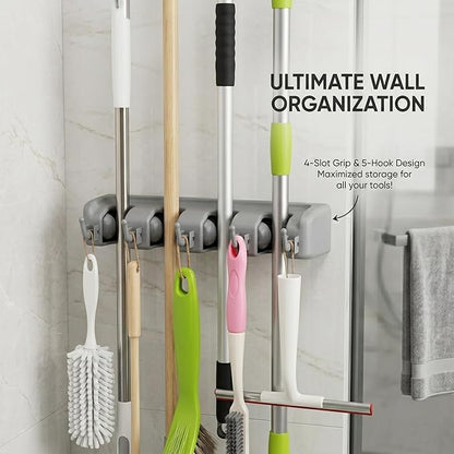TOGU Mop and Broom Holder Wall Mounted 4 Position Storage Rack with 5 Retractable Hooks Holds up to 9 Tools Utility Weatherproof Holder for Garage Storage Systems Broom Organizer,Gray