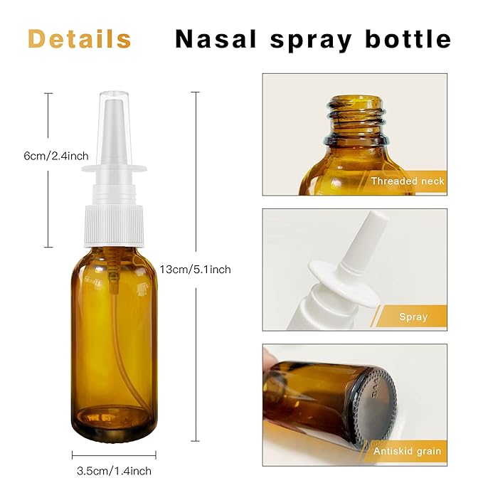 GIVAMEIHF Nasal Spray Bottle 4Pcs 1oz (30ml) with Press Spray Head Refillable Portable Fine Mist, 2 Funnel, 1 Dropper,Labels,Glass Nose Spray Bottle Empty