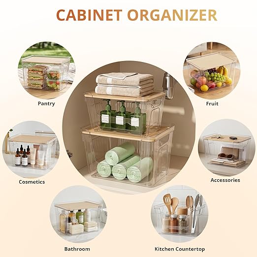 CANTAMI 2 Pack Trash Bag Dispenser with Lid, Plastic Stackable Trash Bag Holder, Clear Organizer Bins for Kitchen, Laundry Room, Under Sink Organization and Storage