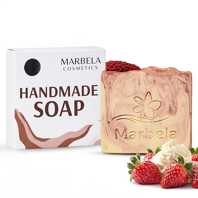 Marbela Cosmetics Handmade Soap Bar - Made in USA, Vegan Friendly, Palm Oil Free, Natural Bar Soap - Gentle Face & Body Soap for Daily Skin Care, Moisturizing - 3.5 oz (Strawberries and Cream)