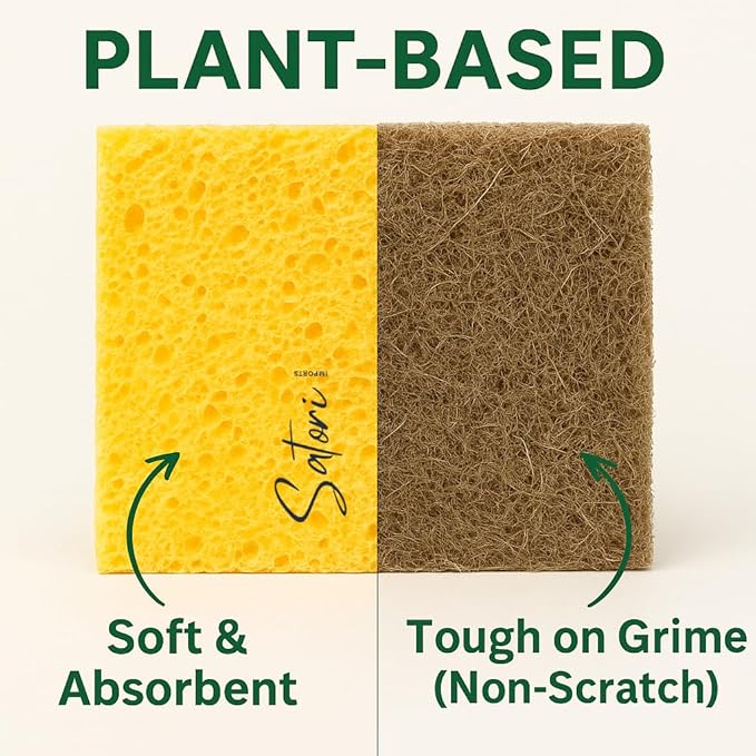 Natural Kitchen Sponges – 10 Pack Plant-Based Coconut & Cotton Scrubbers, Dual-Sided, Eco-Conscious, Odor-Resistant Dishwashing Sponges for Dishes, Pots & Pans