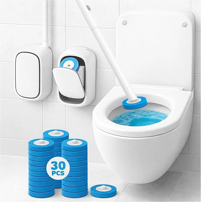 CiLoN Disposable Toilet Cleaning System + 30 Carry Detergent Disposal Toilet Bowl Brush Refills. Space-Saving Wall Mounted Toilet Brush and Holder for Modern Bathrooms. (Starter Kit + 30 Brush)