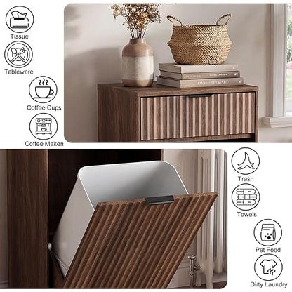 10 Gallon Tilt Out Trash Can Cabinet,Fluted Tilt Out Laundry Hamper Cabinet with Drawer,Wooden Trash can for Kitchen and Living Rooms