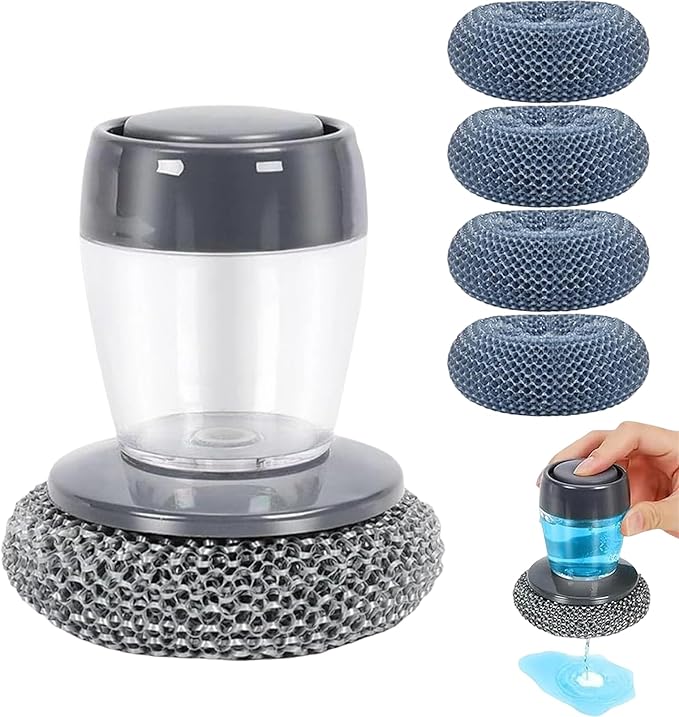 Comfort Grip Soap Dispensing Kitchen Scrub, Dish Brush with Soap Dispenser, Steel Wool Scrubber for Dishes Pans Kitchen Sink Bathtub Tile and Household (1pc-5)