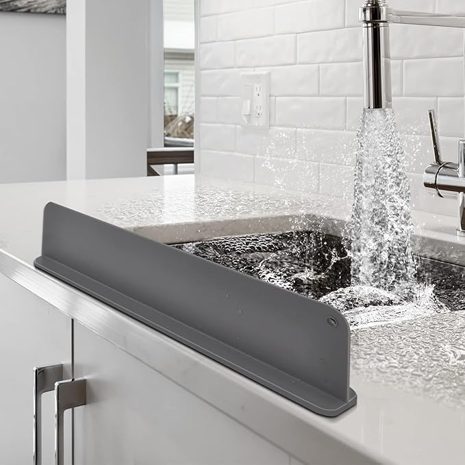 Sink Splash Guard - Water Splash Guard for Kitchen, Island and Bathroom -Secure Non-Slip Suction Cup Base - Dishwasher Safe, Sink Protectors for Kitchen Sink, Gray