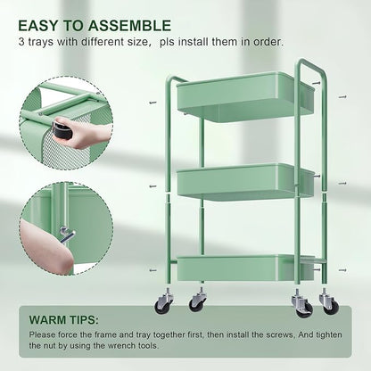 3 Tier Rolling Storage Cart Metal with Wheels, Green Baby Diaper Caddy Carts, Three Tiered Craft Cart Organizer on Wheels, Utility Roller Trolley for Art, Book, Snack, Office, Laundry, Bathroom Shelf