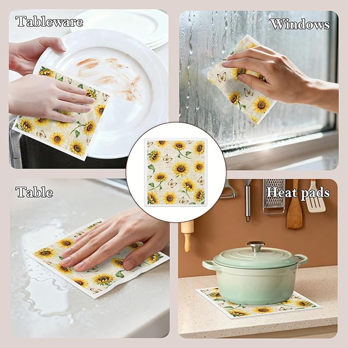 5 Pack Mixed Colorful Sunflower Swedish Kitchen Dishcloths Dish Towels, Farmhouse Sunflower Dish Towels, Swedish Dishcloth, Paper Towels Reusable, Dish Cloth Towel Cleaning Wipe for Kitchen