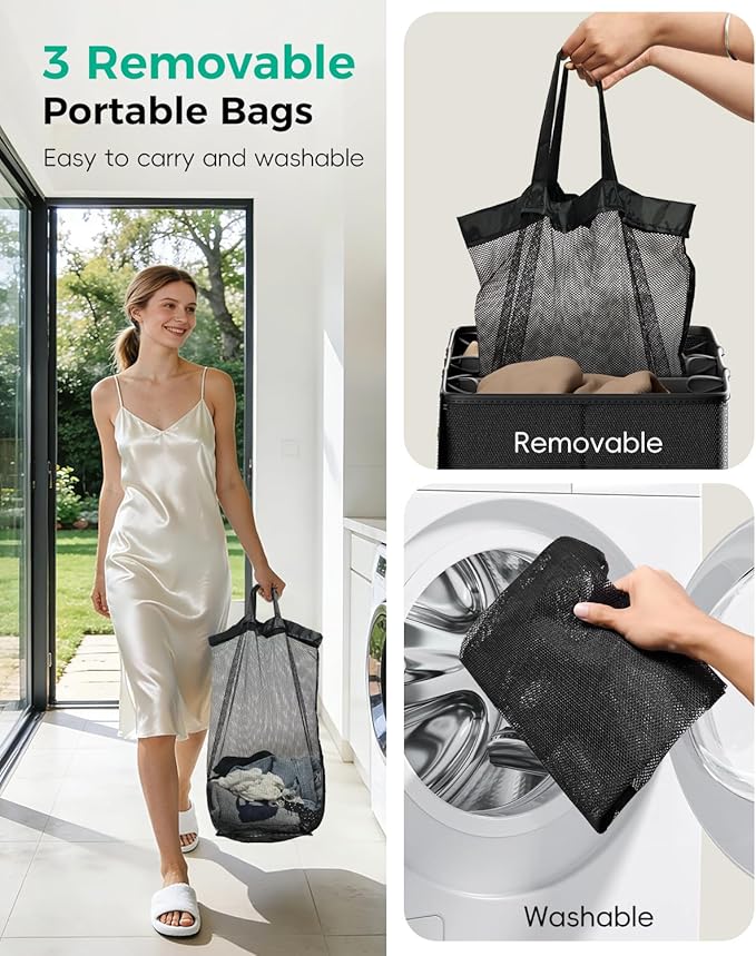 185L Laundry Hamper 3 Section, Large Laundry Hamper with Lid, Dirty Clothes Hamper with 3 Removable Washing Bags, Collapsible Laundry Basket Organizer for Laundry Room, Bedroom