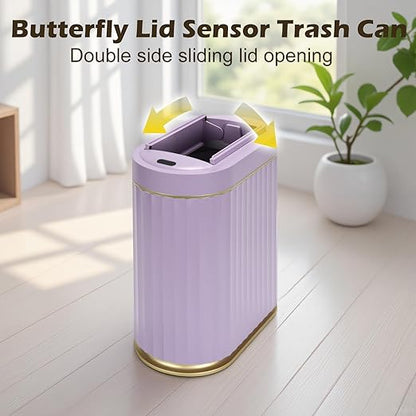 SYNCVIBE Bathroom Trash Can with Butterfly Lid 2 Gallon Sensor Trash can, IPX5 Waterproof Garbage Can Bathroom Decor, Automatic Trash Bin, Under-Counter Wastebasket for Bedroom, Living Room, Purple