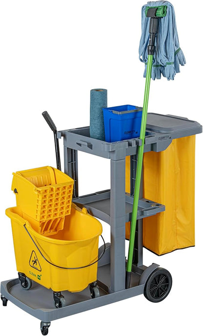 Restaurantware-Clean Tek Professional Janitor Cart with Wheels, 1 Cleaning Trolley with Cover and 18 Gallon Bag - 3 Shelves, Heavy-Duty, Gray Plastic Commercial Janitorial Cart, for Restaurants